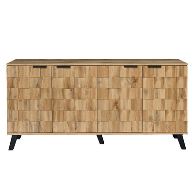 Buffet / Commode Moderne Effet Bois Naturel avec Motifs Géométriques, 4 Portes et Étagères Réglables (160.5x35.5x78cm) OCAERS