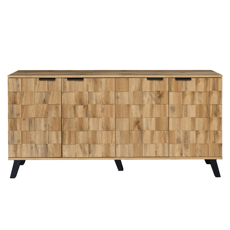 Buffet / Commode Moderne Effet Bois Naturel avec Motifs Géométriques, 4 Portes et Étagères Réglables (160.5x35.5x78cm) OCAERS