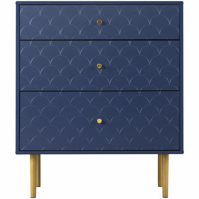 Commode à Tiroirs Bleu Marine avec Motif Écaille de Poisson, Pieds Champagne et Angles Arrondis (H89xL75xP40cm) KAUGZUN