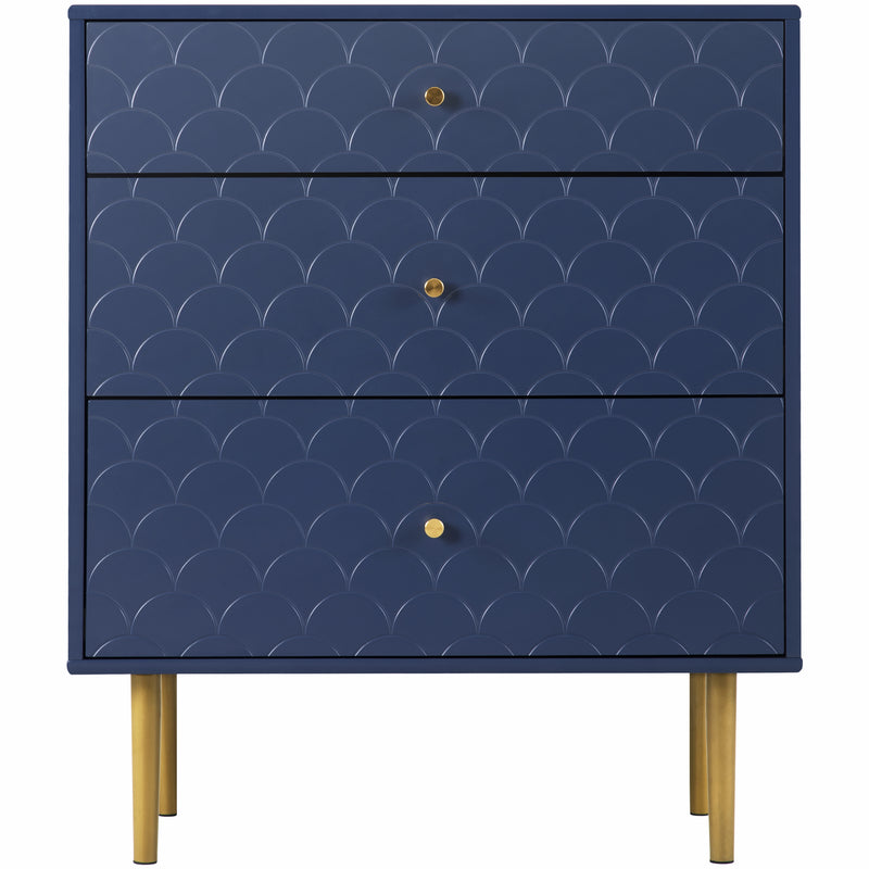 Commode à Tiroirs Bleu Marine avec Motif Écaille de Poisson, Pieds Champagne et Angles Arrondis (H89xL75xP40cm) KAUGZUN