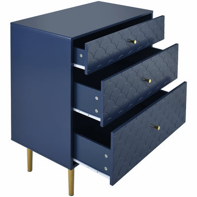 Commode à Tiroirs Bleu Marine avec Motif Écaille de Poisson, Pieds Champagne et Angles Arrondis (H89xL75xP40cm) KAUGZUN
