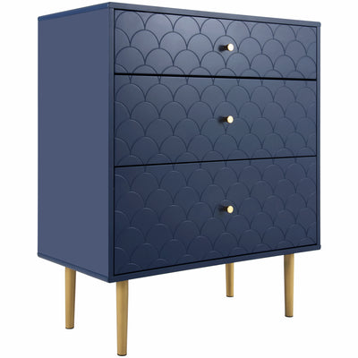 Commode à Tiroirs Bleu Marine avec Motif Écaille de Poisson, Pieds Champagne et Angles Arrondis (H89xL75xP40cm) KAUGZUN
