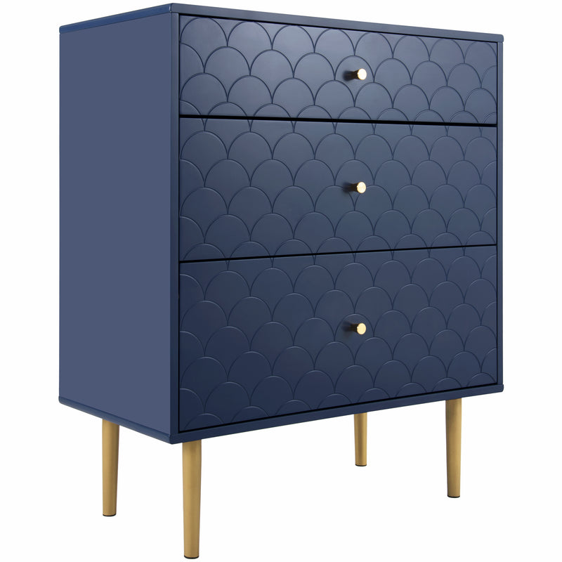 Commode à Tiroirs Bleu Marine avec Motif Écaille de Poisson, Pieds Champagne et Angles Arrondis (H89xL75xP40cm) KAUGZUN