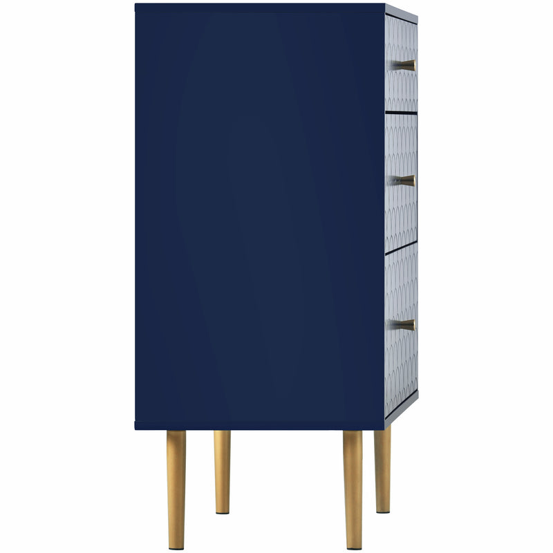 Commode à Tiroirs Bleu Marine avec Motif Écaille de Poisson, Pieds Champagne et Angles Arrondis (H89xL75xP40cm) KAUGZUN