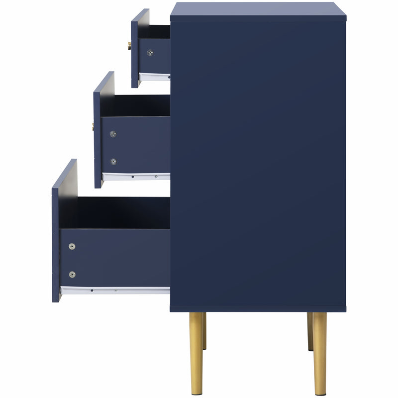 Commode à Tiroirs Bleu Marine avec Motif Écaille de Poisson, Pieds Champagne et Angles Arrondis (H89xL75xP40cm) KAUGZUN