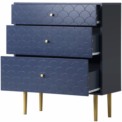 Commode à Tiroirs Bleu Marine avec Motif Écaille de Poisson, Pieds Champagne et Angles Arrondis (H89xL75xP40cm) KAUGZUN