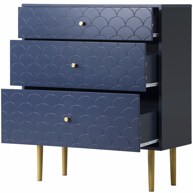 Commode à Tiroirs Bleu Marine avec Motif Écaille de Poisson, Pieds Champagne et Angles Arrondis (H89xL75xP40cm) KAUGZUN