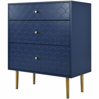 Commode à Tiroirs Bleu Marine avec Motif Écaille de Poisson, Pieds Champagne et Angles Arrondis (H89xL75xP40cm) KAUGZUN