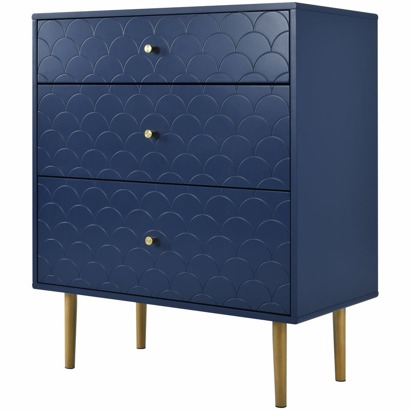 Commode à Tiroirs Bleu Marine avec Motif Écaille de Poisson, Pieds Champagne et Angles Arrondis (H89xL75xP40cm) KAUGZUN