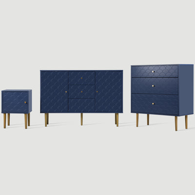 Commode à Tiroirs Bleu Marine avec Motif Écaille de Poisson, Pieds Champagne et Angles Arrondis (H89xL75xP40cm) KAUGZUN