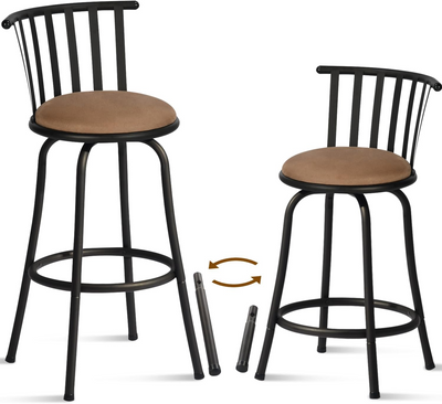 Set of 2 brown bistro style swivel bar stools with footrests, 2 possible seat heights 62/73cm PISTIL 24/29 INCH