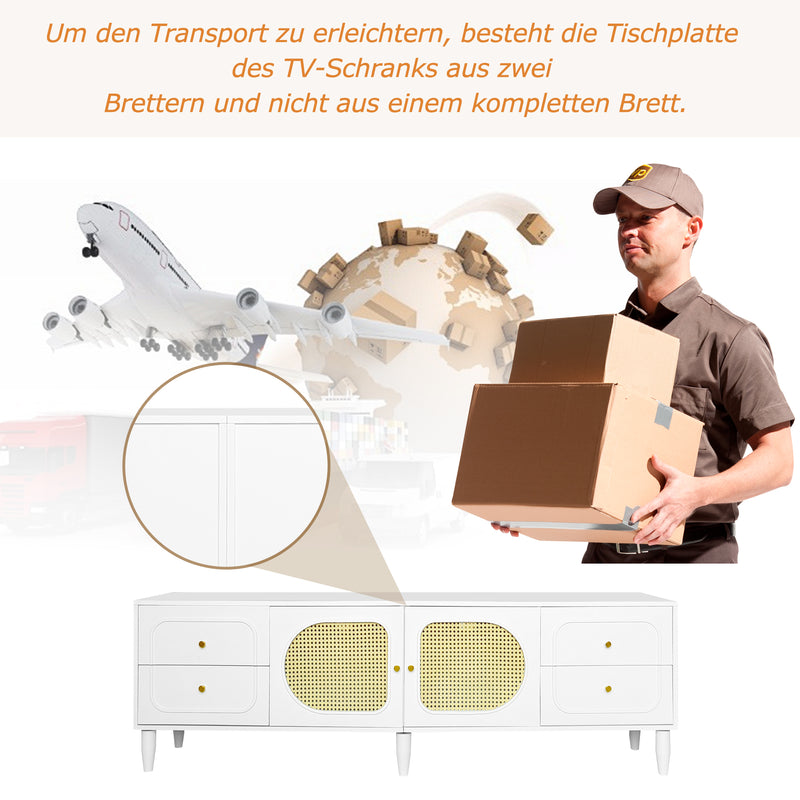 Meuble TV Élégant Blanc et Rotin avec 4 Tiroirs, Gestion des Câbles et Pieds Réglables (180x40x56.5cm - Pour TV jusqu&