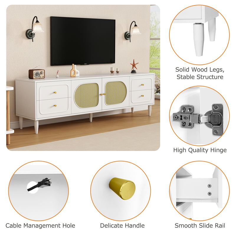 Meuble TV Élégant Blanc et Rotin avec 4 Tiroirs, Gestion des Câbles et Pieds Réglables (180x40x56.5cm - Pour TV jusqu&