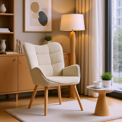 Scandinavian armchair in beige corduroy with beech legs KANAS CORDUROY BEIGE OAK LEG