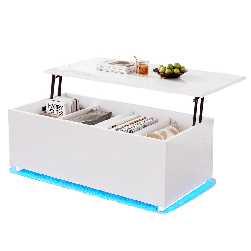 Table Basse Relevable Hydraulique Blanche Laquée avec LED RGB, Rangement Caché et Ports USB (100x50x35-60cm)  WHITE