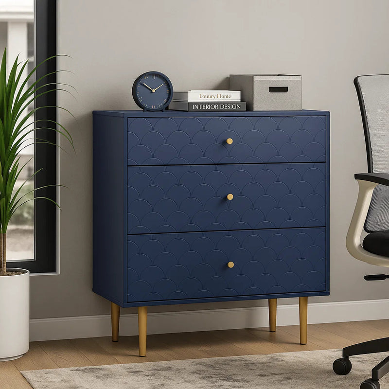 Commode à Tiroirs Bleu Marine avec Motif Écaille de Poisson, Pieds Champagne et Angles Arrondis (H89xL75xP40cm) KAUGZUN