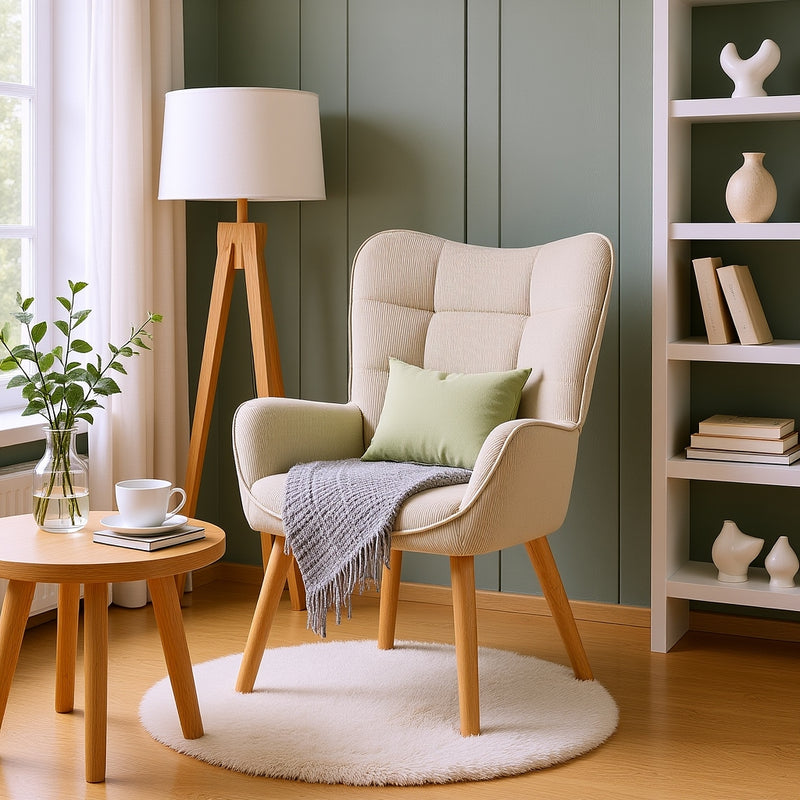 Scandinavian armchair in beige corduroy with beech legs KANAS CORDUROY BEIGE OAK LEG