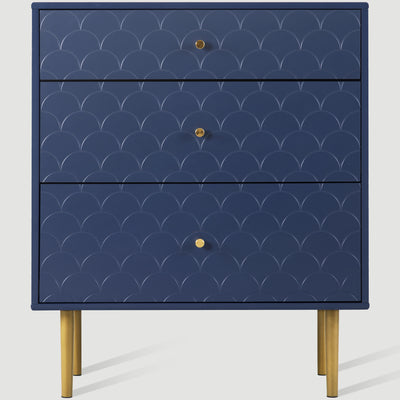 Commode à Tiroirs Bleu Marine avec Motif Écaille de Poisson, Pieds Champagne et Angles Arrondis (H89xL75xP40cm) KAUGZUN