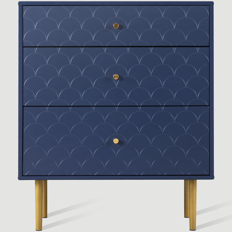 Commode à Tiroirs Bleu Marine avec Motif Écaille de Poisson, Pieds Champagne et Angles Arrondis (H89xL75xP40cm) KAUGZUN