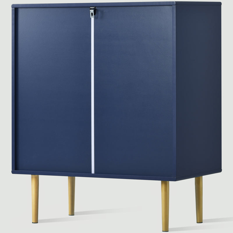 Commode à Tiroirs Bleu Marine avec Motif Écaille de Poisson, Pieds Champagne et Angles Arrondis (H89xL75xP40cm) KAUGZUN