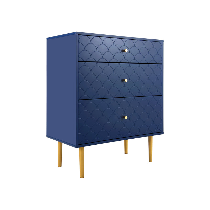Commode à Tiroirs Bleu Marine avec Motif Écaille de Poisson, Pieds Champagne et Angles Arrondis (H89xL75xP40cm) KAUGZUN