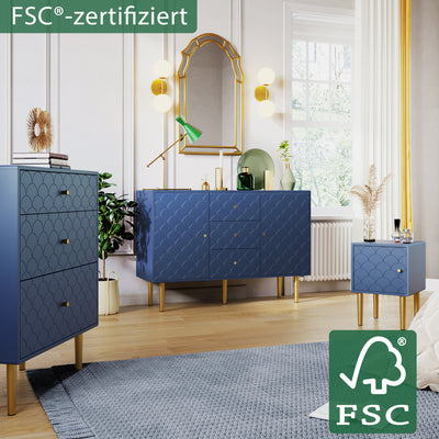 Commode à Tiroirs Bleu Marine avec Motif Écaille de Poisson, Pieds Champagne et Angles Arrondis (H89xL75xP40cm) KAUGZUN