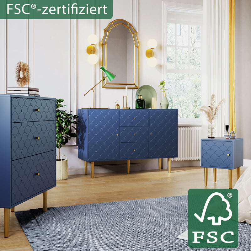 Commode à Tiroirs Bleu Marine avec Motif Écaille de Poisson, Pieds Champagne et Angles Arrondis (H89xL75xP40cm) KAUGZUN