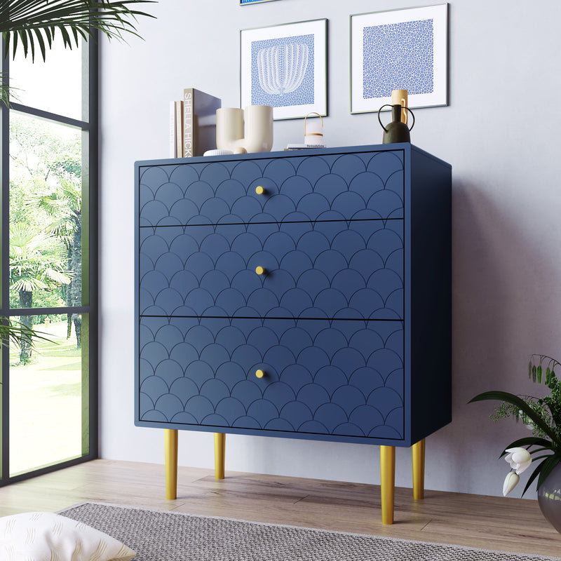 Commode à Tiroirs Bleu Marine avec Motif Écaille de Poisson, Pieds Champagne et Angles Arrondis (H89xL75xP40cm) KAUGZUN