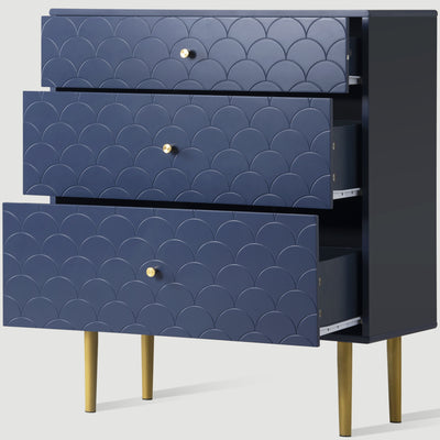 Commode à Tiroirs Bleu Marine avec Motif Écaille de Poisson, Pieds Champagne et Angles Arrondis (H89xL75xP40cm) KAUGZUN
