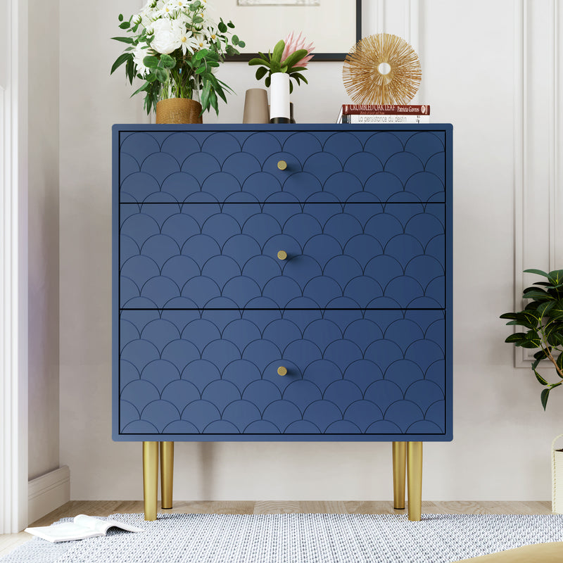 Commode à Tiroirs Bleu Marine avec Motif Écaille de Poisson, Pieds Champagne et Angles Arrondis (H89xL75xP40cm) KAUGZUN