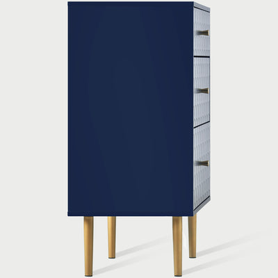 Commode à Tiroirs Bleu Marine avec Motif Écaille de Poisson, Pieds Champagne et Angles Arrondis (H89xL75xP40cm) KAUGZUN