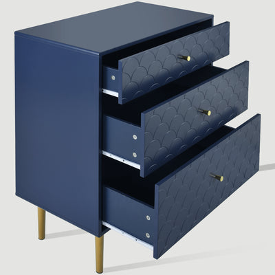 Commode à Tiroirs Bleu Marine avec Motif Écaille de Poisson, Pieds Champagne et Angles Arrondis (H89xL75xP40cm) KAUGZUN
