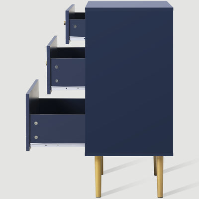 Commode à Tiroirs Bleu Marine avec Motif Écaille de Poisson, Pieds Champagne et Angles Arrondis (H89xL75xP40cm) KAUGZUN