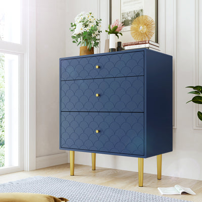 Commode à Tiroirs Bleu Marine avec Motif Écaille de Poisson, Pieds Champagne et Angles Arrondis (H89xL75xP40cm) KAUGZUN
