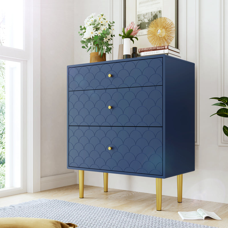 Commode à Tiroirs Bleu Marine avec Motif Écaille de Poisson, Pieds Champagne et Angles Arrondis (H89xL75xP40cm) KAUGZUN
