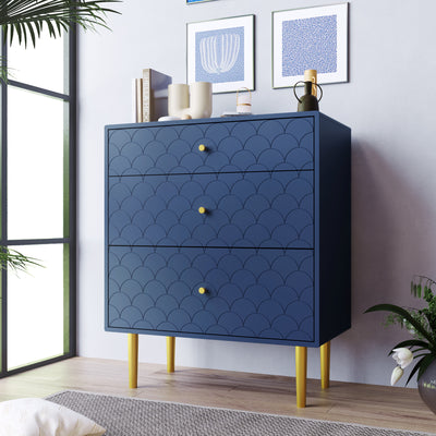 Commode à Tiroirs Bleu Marine avec Motif Écaille de Poisson, Pieds Champagne et Angles Arrondis (H89xL75xP40cm) KAUGZUN