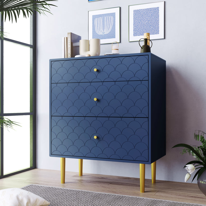 Commode à Tiroirs Bleu Marine avec Motif Écaille de Poisson, Pieds Champagne et Angles Arrondis (H89xL75xP40cm) KAUGZUN