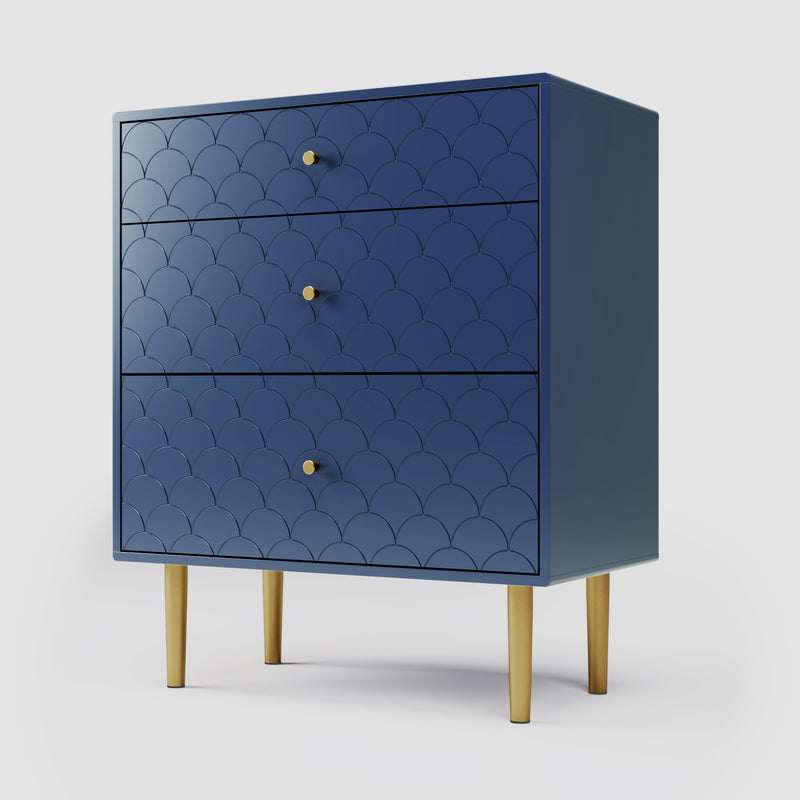 Commode à Tiroirs Bleu Marine avec Motif Écaille de Poisson, Pieds Champagne et Angles Arrondis (H89xL75xP40cm) KAUGZUN