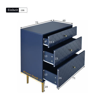 Commode à Tiroirs Bleu Marine avec Motif Écaille de Poisson, Pieds Champagne et Angles Arrondis (H89xL75xP40cm) KAUGZUN