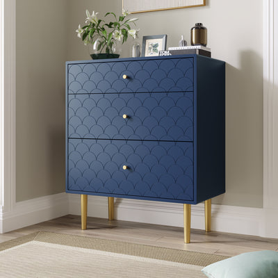 Commode à Tiroirs Bleu Marine avec Motif Écaille de Poisson, Pieds Champagne et Angles Arrondis (H89xL75xP40cm) KAUGZUN