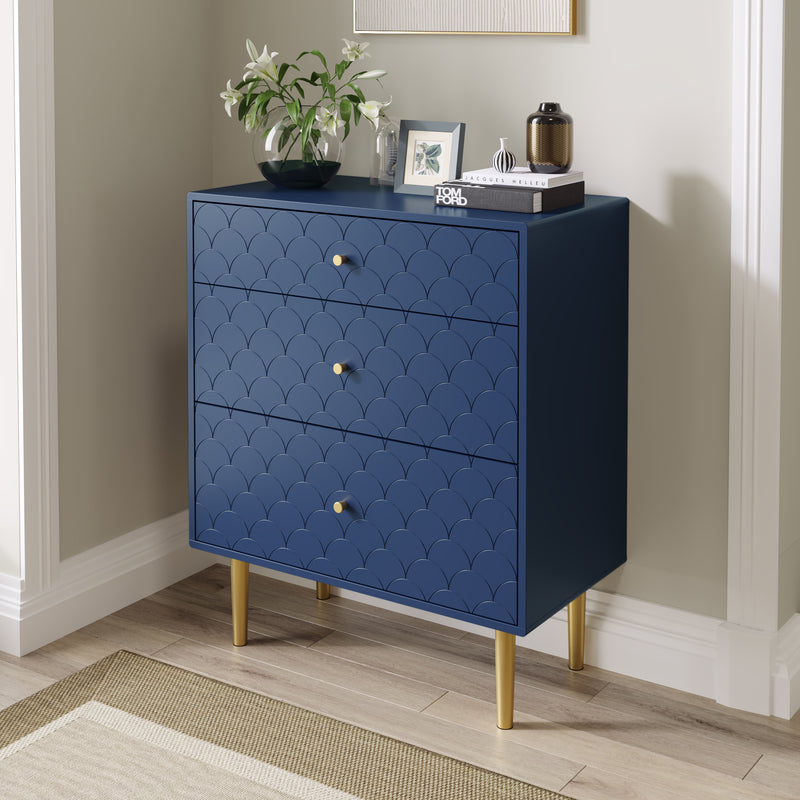 Commode à Tiroirs Bleu Marine avec Motif Écaille de Poisson, Pieds Champagne et Angles Arrondis (H89xL75xP40cm) KAUGZUN