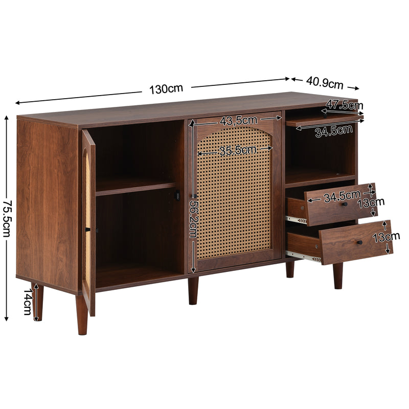 Buffet Style Ferme Moderne en Bois avec Portes en Rotin, Design Irrégulier et Étagères Ajustables (130x40x75.5cm) SCRENKU