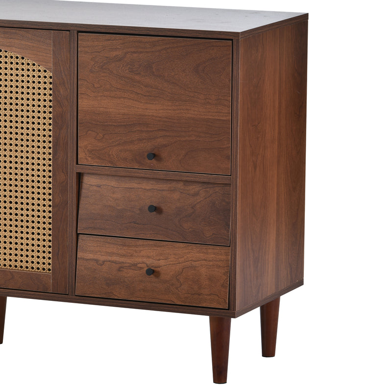 Buffet Style Ferme Moderne en Bois avec Portes en Rotin, Design Irrégulier et Étagères Ajustables (130x40x75.5cm) SCRENKU