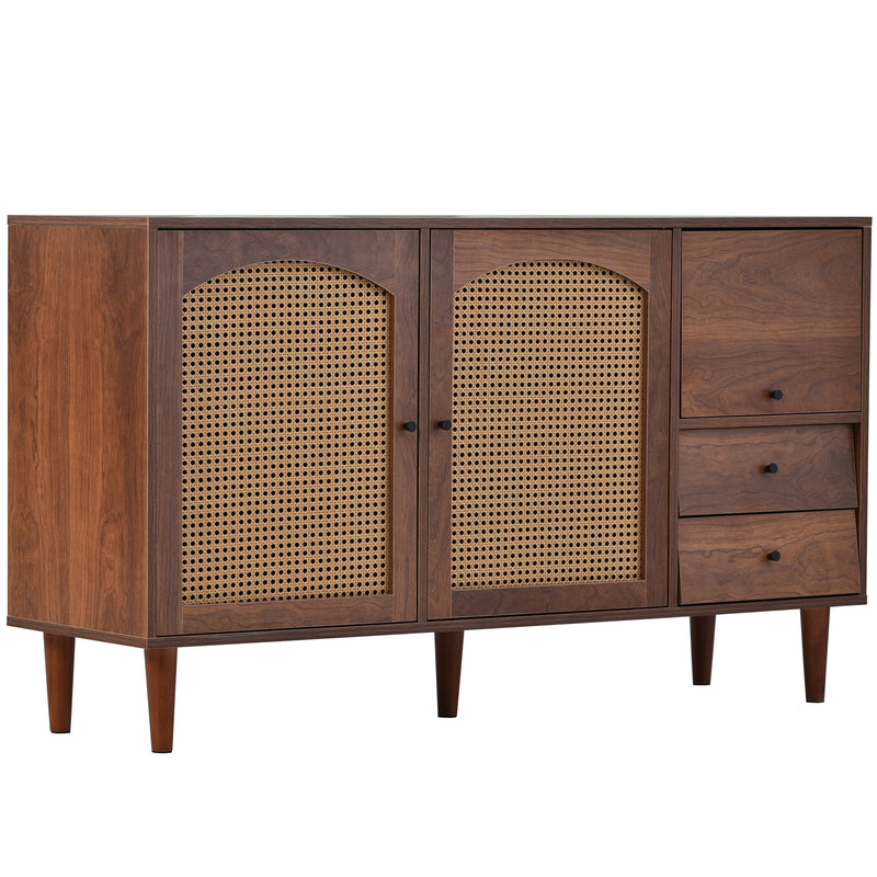 Buffet Style Ferme Moderne en Bois avec Portes en Rotin, Design Irrégulier et Étagères Ajustables (130x40x75.5cm) SCRENKU