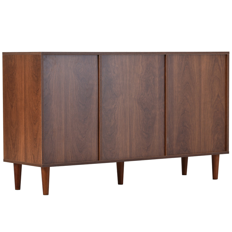 Buffet Style Ferme Moderne en Bois avec Portes en Rotin, Design Irrégulier et Étagères Ajustables (130x40x75.5cm) SCRENKU