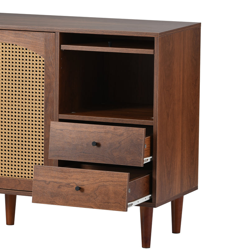 Buffet Style Ferme Moderne en Bois avec Portes en Rotin, Design Irrégulier et Étagères Ajustables (130x40x75.5cm) SCRENKU