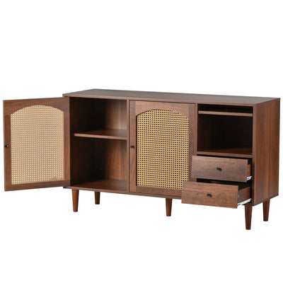 Buffet Style Ferme Moderne en Bois avec Portes en Rotin, Design Irrégulier et Étagères Ajustables (130x40x75.5cm) SCRENKU