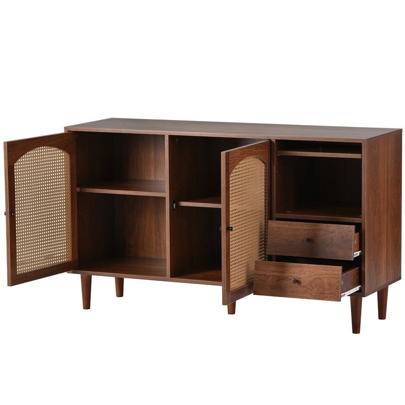 Buffet Style Ferme Moderne en Bois avec Portes en Rotin, Design Irrégulier et Étagères Ajustables (130x40x75.5cm) SCRENKU