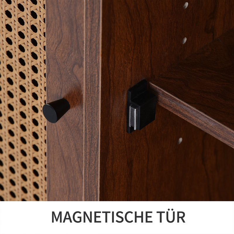 Buffet Style Ferme Moderne en Bois avec Portes en Rotin, Design Irrégulier et Étagères Ajustables (130x40x75.5cm) SCRENKU
