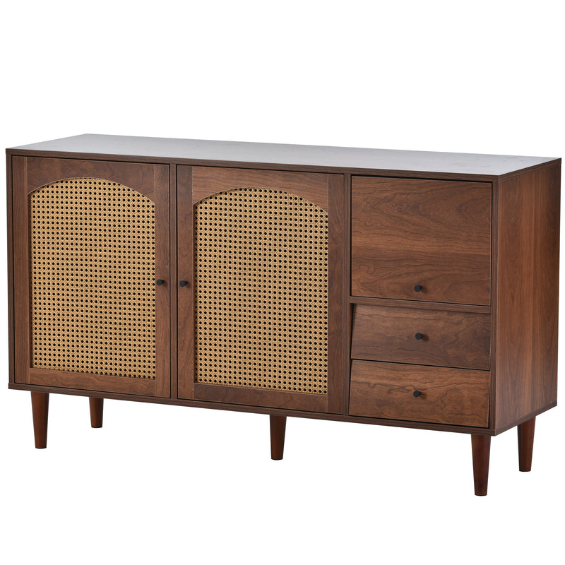 Buffet Style Ferme Moderne en Bois avec Portes en Rotin, Design Irrégulier et Étagères Ajustables (130x40x75.5cm) SCRENKU
